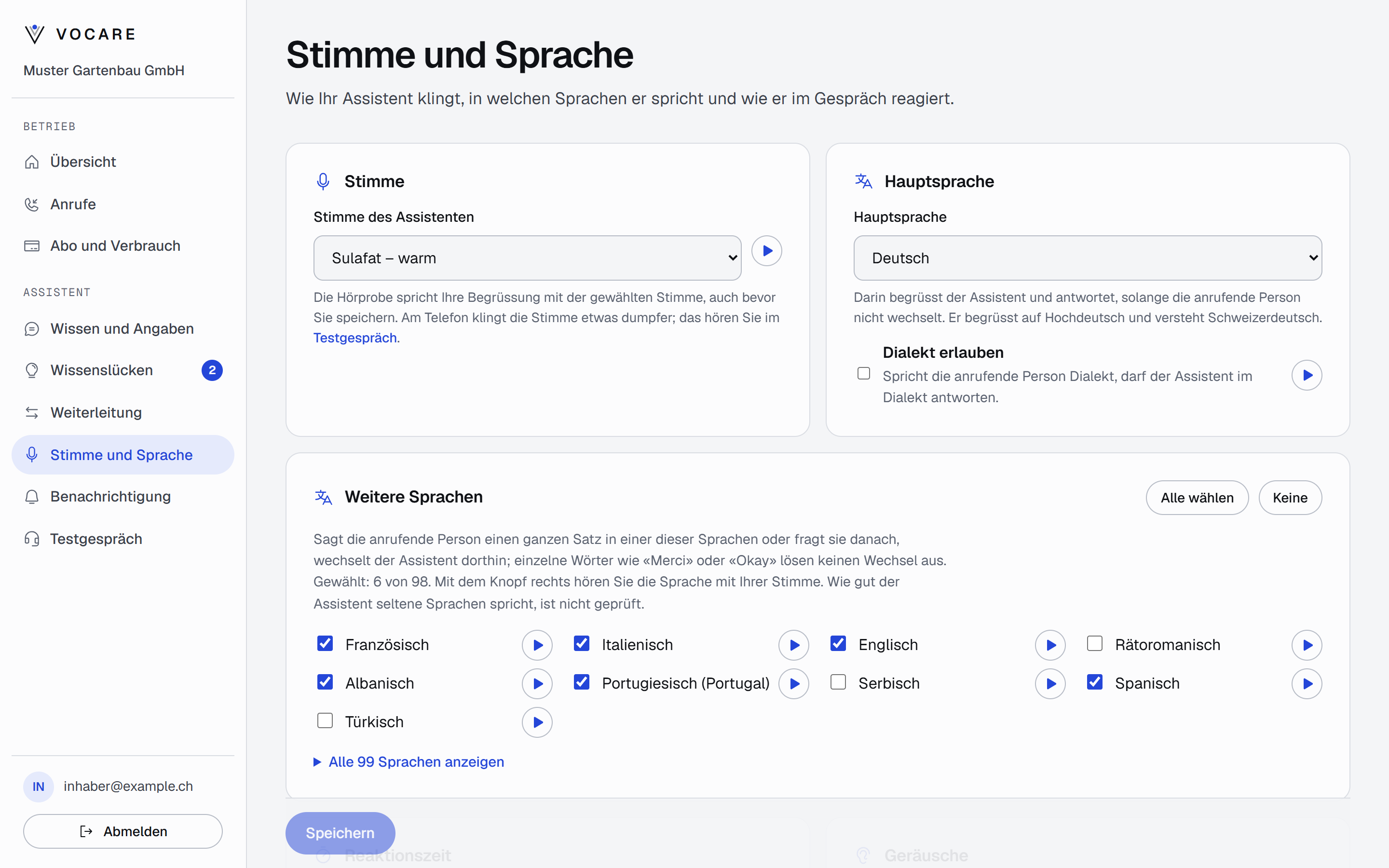 Das Vocare Portal, Seite Stimme und Sprache: Auswahl der Stimme mit Hörprobe, Hauptsprache Deutsch und weitere Sprachen zum Ankreuzen (Beispieldaten)